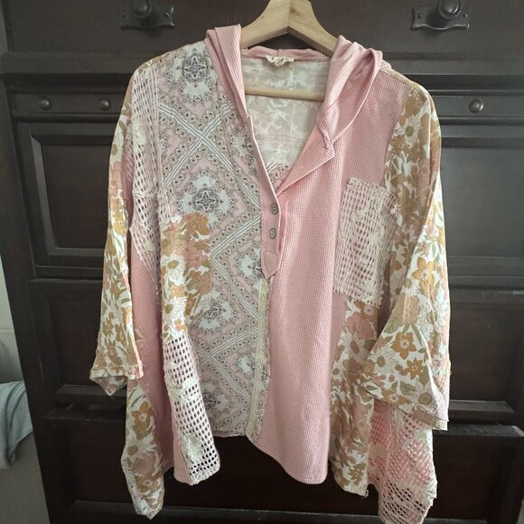 POL Button Up Hooded Top with Floral and Crochet Detail - Picture 1 of 4